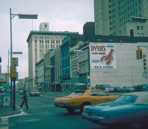 Dyer's Chop house, 1975. We are looking north on Superior from Jefferson. The Wheel restaurant is further down the street. From the Ted J. Ligibel collection, courtesy of the Toledo-Lucas County Public Library, obtained from http://images2.toledolibrary.org/.